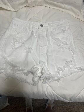 SHEIN White High-Rise Distressed Denim Shorts